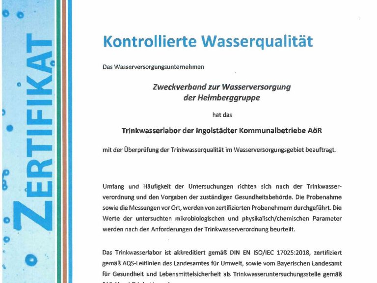 Zertifikat Wasserqualität